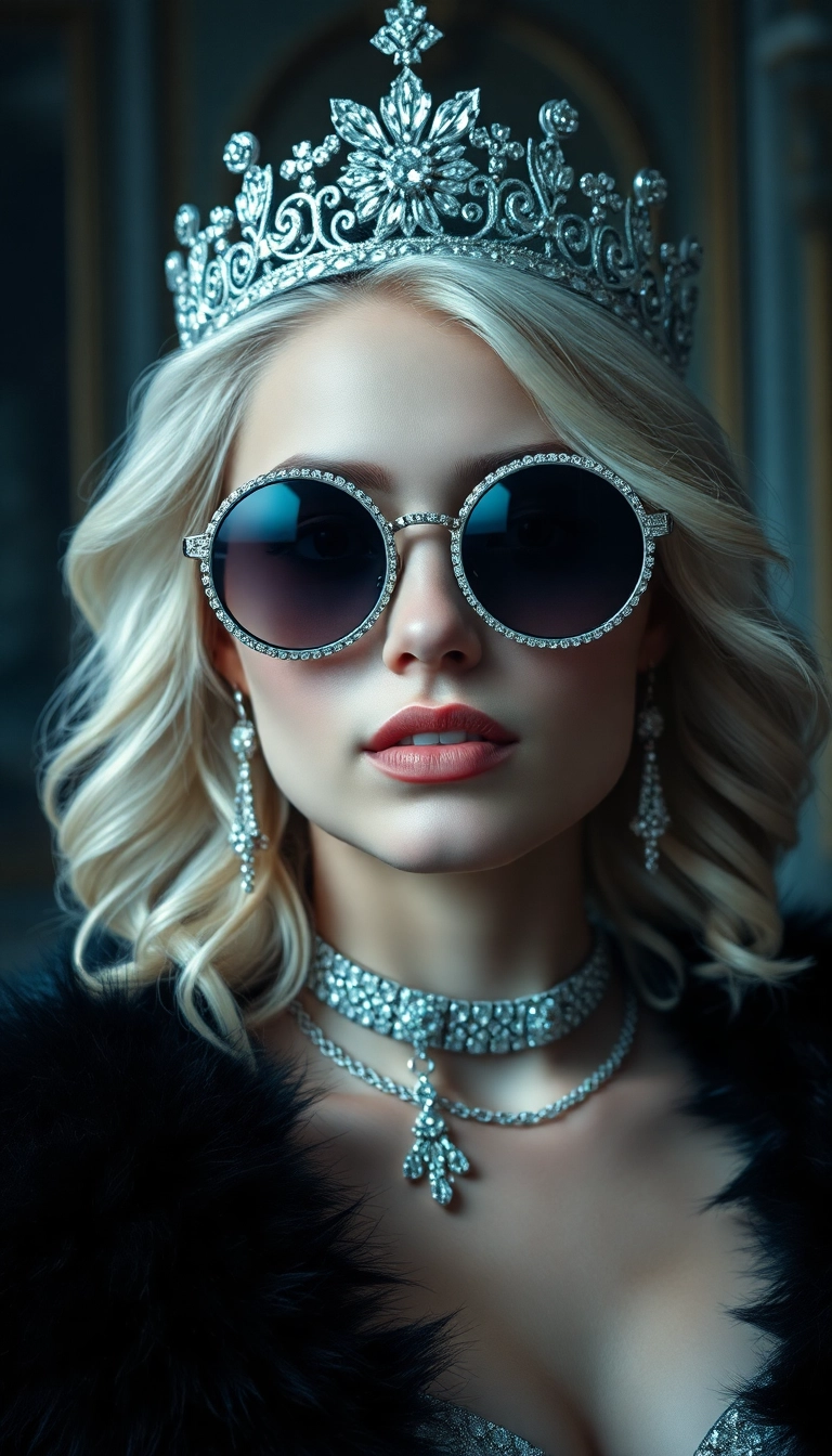 HD iPhone Young Platinum Blonde Queen in Black Fur Gorgeous Wallpaper Picture